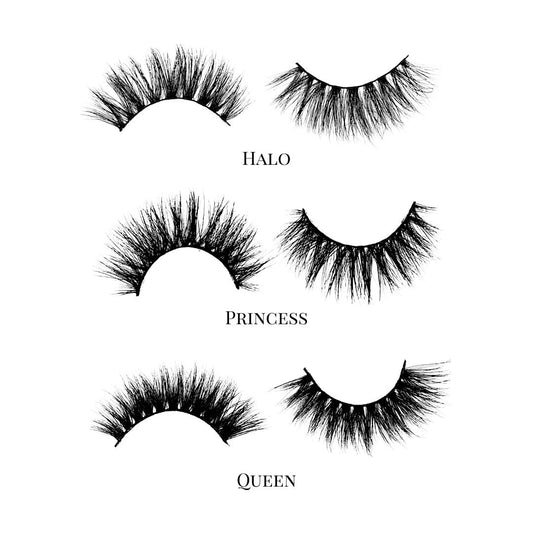 Dramatic (3-Pack)-High Volume-This set includes (3) 3D/5D Mink lashes: Halo Princess Queen Description Handmade, Cruelty-Free, Wear up to 30x Material: 100% Mink Band: Black Cotton Band Volume: High Volume Style: Dramatic, Long, Wispy, Cat-eye, Open-eye To Use: Measure and size your lashes by placing the false lash against your lash line where your natural lashes start. Using Mini Scissors, cut off the excess lash band length from the outer corners to ensure they fit properly. Apply a layer of L
