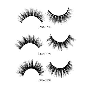 Best Sellers (3-Pack)-Medium Volume-This set includes (3) 3D Mink lashes: Jasmine London Princess Description Handmade, Cruelty-Free, Wear up to 30x Material: 100% Mink Band: Black Cotton Band Volume: Medium/High Volume Style: Flirty, Open-eye, Doll-eye, Wispy, Natural To Use: Measure and size your lashes by placing the false lash against your lash line where your natural lashes start. Using Mini Scissors, cut off the excess lash band length from the outer corners to ensure they fit properly. Ap
