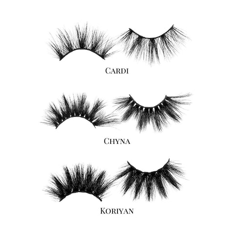 Alpha Femme (3-Pack)-Mega Volume-This set includes (3) 25mm mink lashes: Cardi Chyna Koriyan Description Handmade, Cruelty-Free, Wear up to 30x Material: 100% Mink Band: Black Cotton Band Volume:Mega Volume Style: Extra Long, Dramatic, Wipsy To Use: Measure and size your lashes by placing the false lash against your lash line where your natural lashes start. Using Mini Scissors, cut off the excess lash band length from the outer corners to ensure they fit properly. Apply a layer of Lash Adhesive