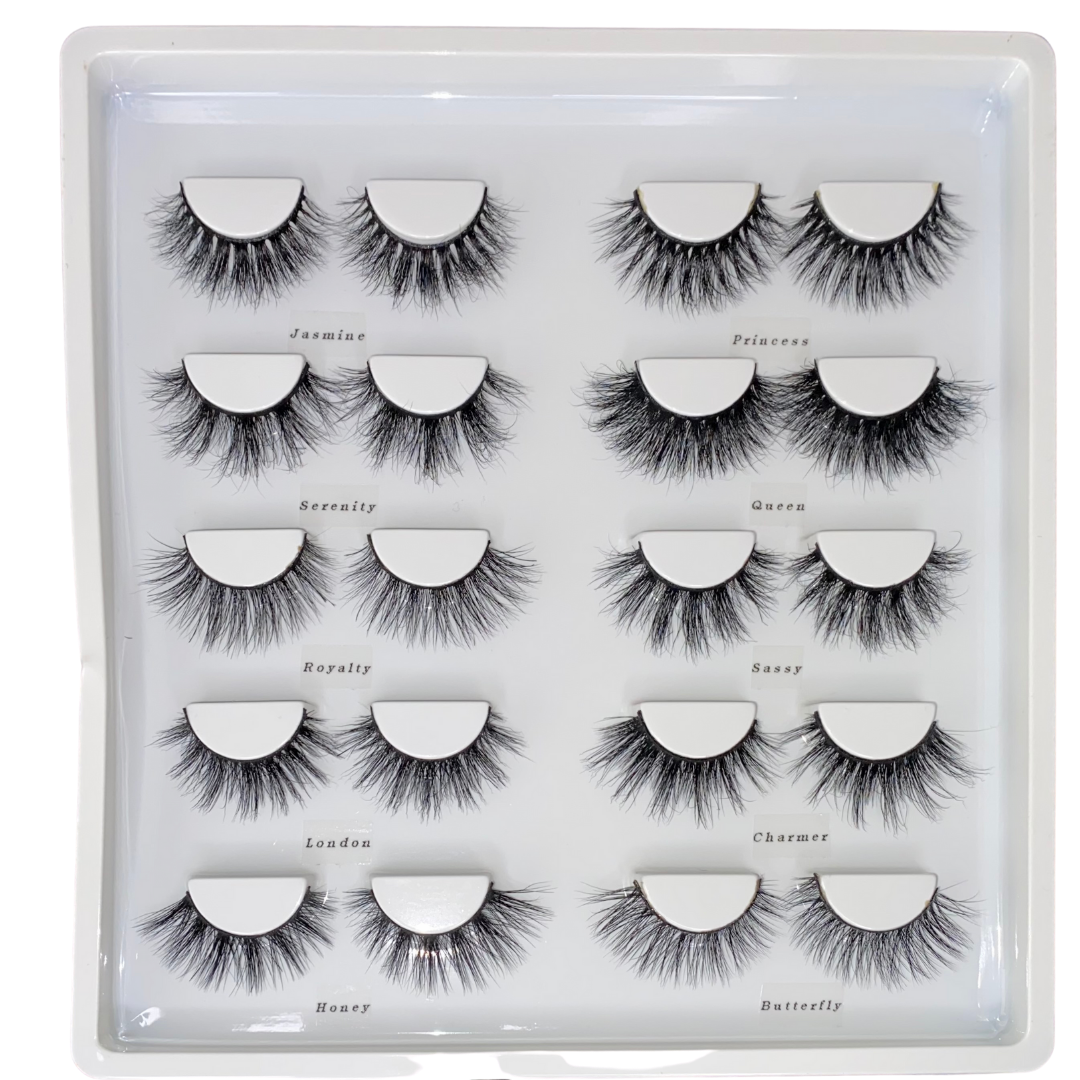 Lash Book (10-Pairs)-High Volume, Medium Volume-Each lash book includes (10) Luxury Mink lashes. The (Natural) Lash Book includes: Jasmine, Princess, Serenity, Queen, Royalty, London, Honey, Sassy, Charmer, and Butterfly The (Dramatic) Lash Book includes: Jasmine, Princess, Serenity, Queen, Halo, Goddess, Amour, Hustla, Finesser, and Indespoiled Description Handmade, Cruelty-Free, Wear up to 30x Material: 100% Mink Band: Black Cotton Band Volume: Medium/High Volume Style: Flirty, Open-eye, Doll-