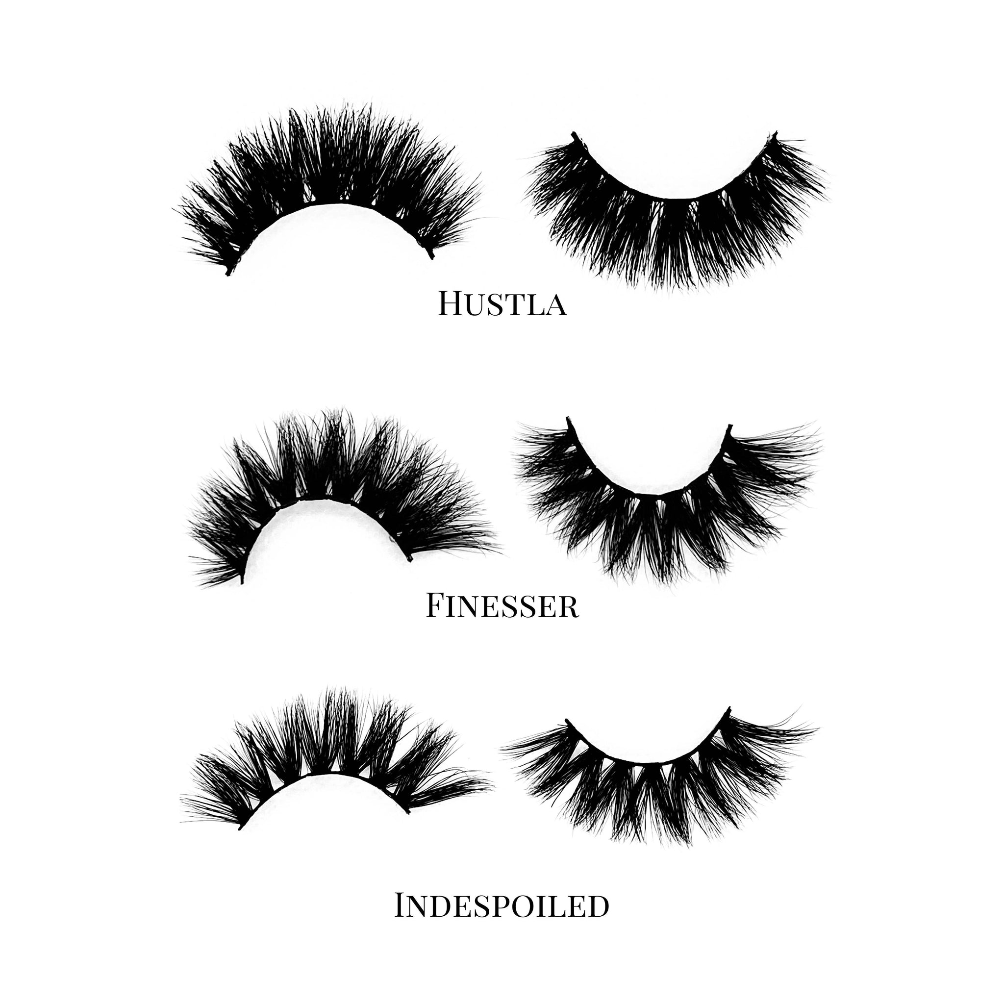 Boss Up (3-Pack)-High Volume-This set includes (3) High Volume Mink lashes: Hustla Finesser Indespoiled Description Handmade, Cruelty-Free, Wear up to 30x Material: 100% Mink Band: Black Cotton Band Volume: High Volume Style: Dramatic, Long, Wispy, Cat-eye, Open-eye To Use: Measure and size your lashes by placing the false lash against your lash line where your natural lashes start. Using Mini Scissors, cut off the excess lash band length from the outer corners to ensure they fit properly. Apply