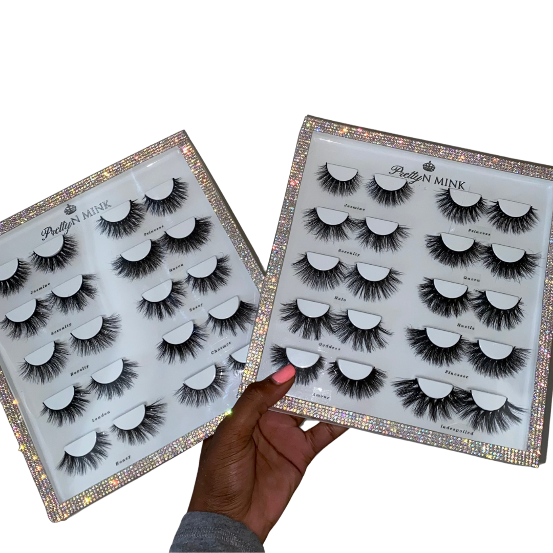 Lash Book (10-Pairs)-High Volume, Medium Volume-Each lash book includes (10) Luxury Mink lashes. The (Natural) Lash Book includes: Jasmine, Princess, Serenity, Queen, Royalty, London, Honey, Sassy, Charmer, and Butterfly The (Dramatic) Lash Book includes: Jasmine, Princess, Serenity, Queen, Halo, Goddess, Amour, Hustla, Finesser, and Indespoiled Description Handmade, Cruelty-Free, Wear up to 30x Material: 100% Mink Band: Black Cotton Band Volume: Medium/High Volume Style: Flirty, Open-eye, Doll-